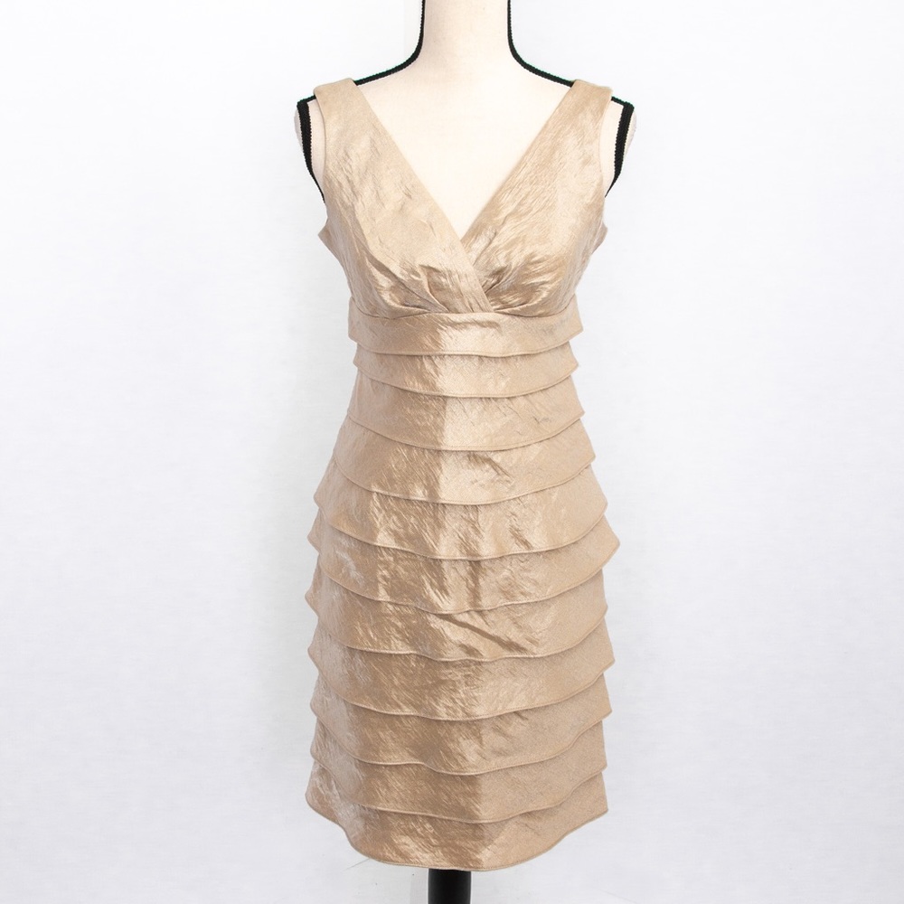 Nude sheath dress tiered dress champagne color shimmer London Times 4